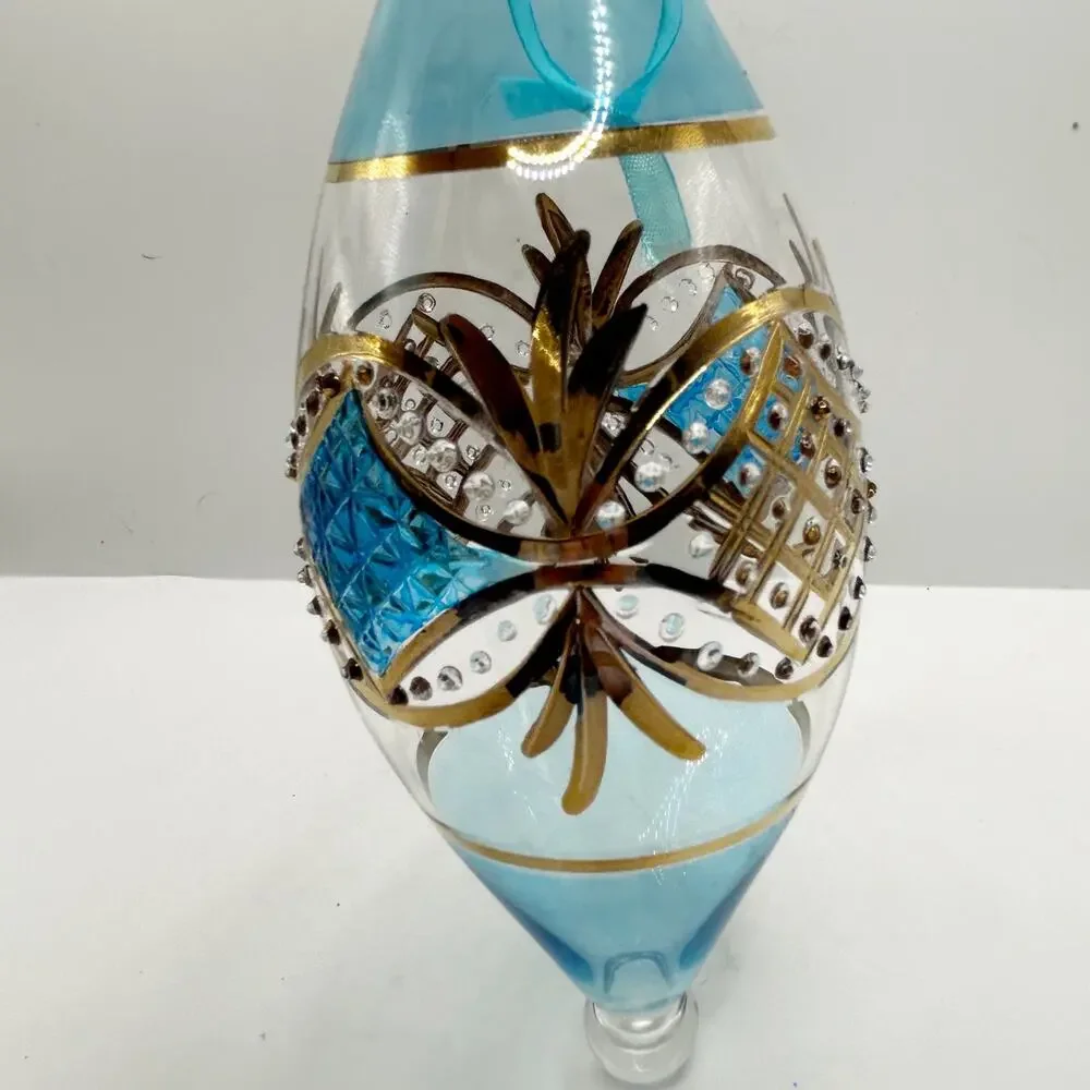 Egyptian Hand Blown Fancy Blue 24K Gold Etched Glass Christmas Ornament EUC